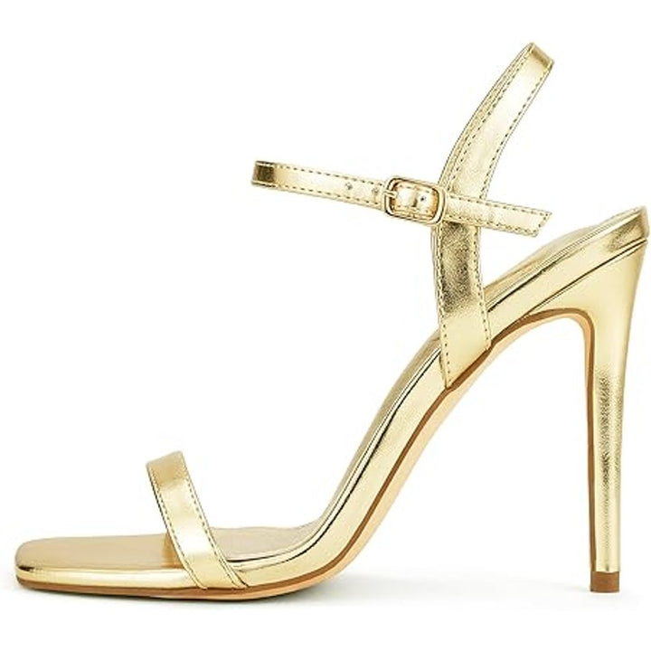 Genshuo Womens Size 6 Shiny Gold Open Toe 4" Heel Buckle Strap Sandal Shoes