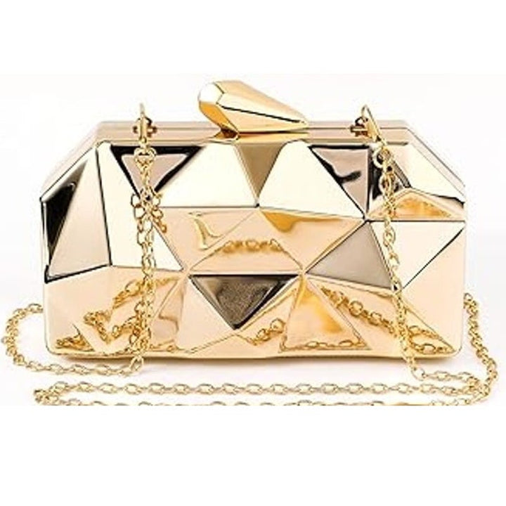 New Jadive Shiny Gold Metal Geometric Removeable Long Chain Evening Clutch Purse