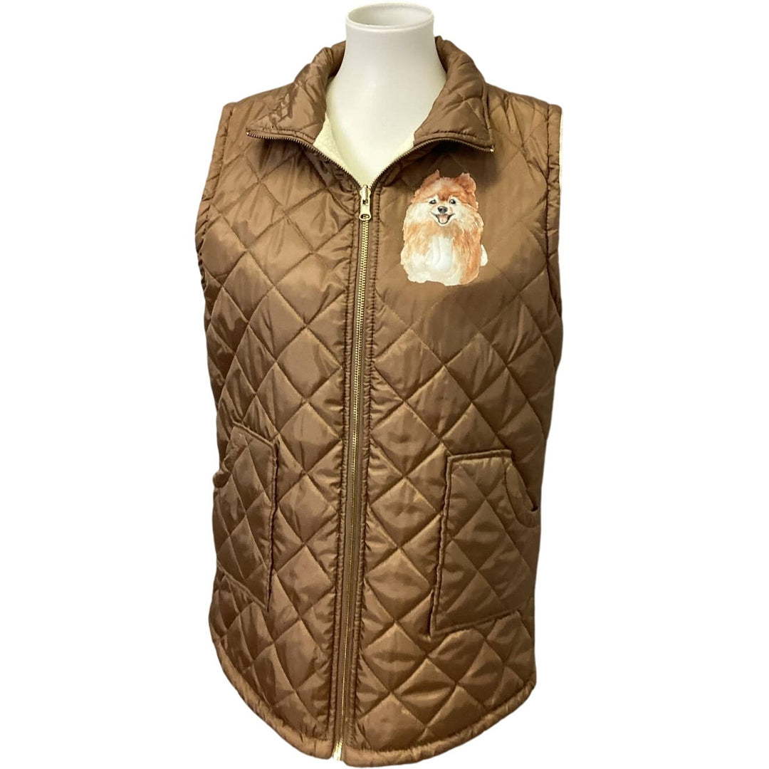 Hand Printed Upcycled Womens Large Pomeranian Dog Quilted Fleece Vest Jacket