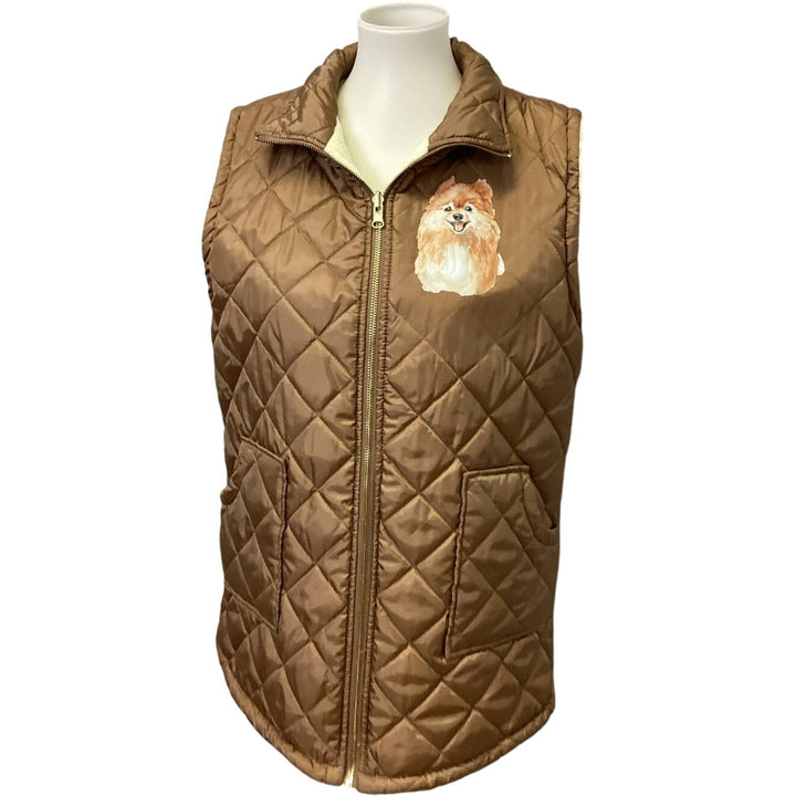 Hand Printed Upcycled Womens Large Pomeranian Dog Quilted Fleece Vest Jacket