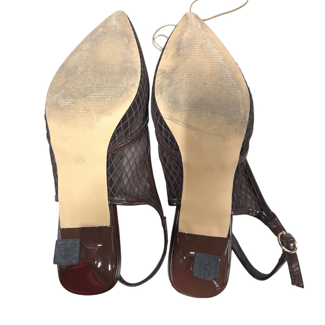 Coutgo Womens 9.5 Dark Brown Mesh Pointy Closed Toe Slingback 2.5" Heel Shoes