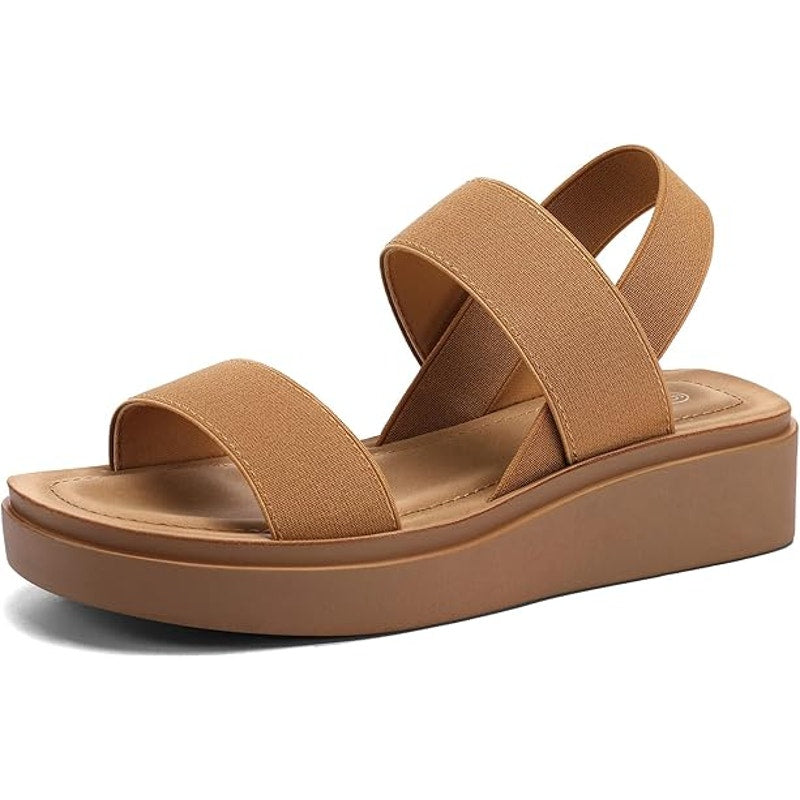 Mysoft Womens 9.5 Camel Brown 1.5" Platform Wedges Elastic Strap Sandal Shoes