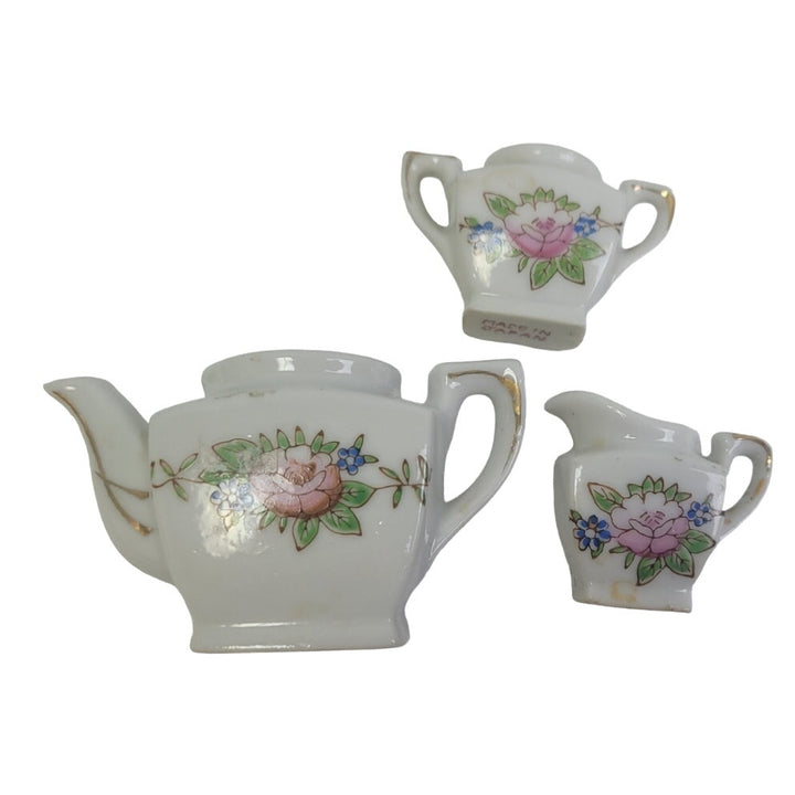 Vintage Mini Doll Floral Ceramic Tea Teapot Plate Cup Pitcher Set Made in Japan