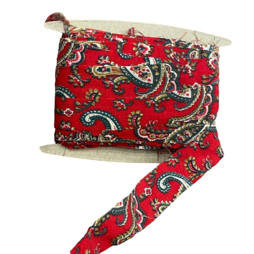Handmade Gift Wrap Crafts Upcycled Cotton Red Green Paisley Fabric Ribbon Yarn