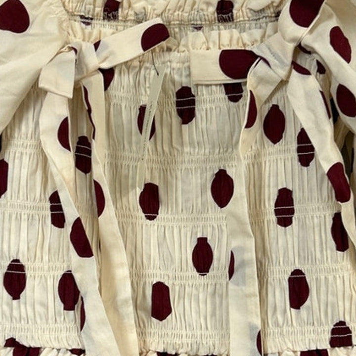 New Francescas Womens Medium Cream Burgundy Polka Dot Stretch Cotton Smocked Top