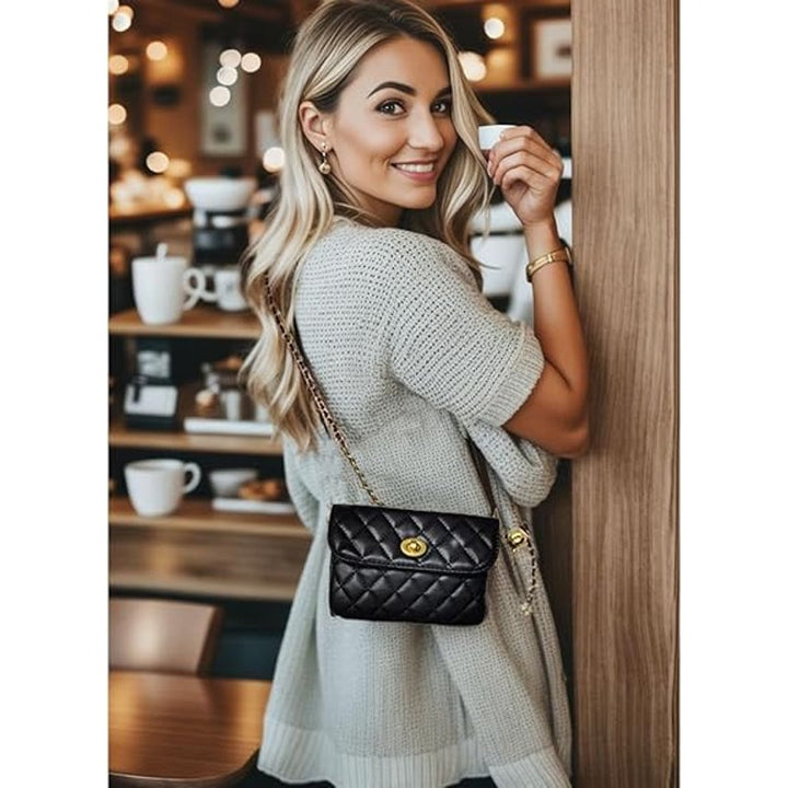 Larswon Womens Small Black Crossbody Hand Bag Clutch w Detachable Chain
