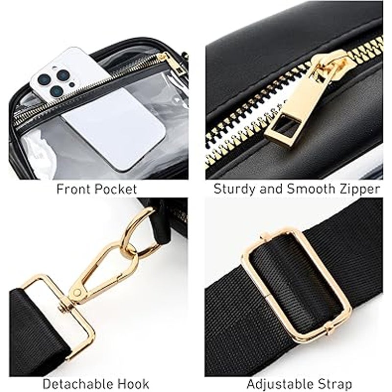 New Fibrdoo Black Faux Leather Trim Clear Stadium Approved Crossbody Purse Bag