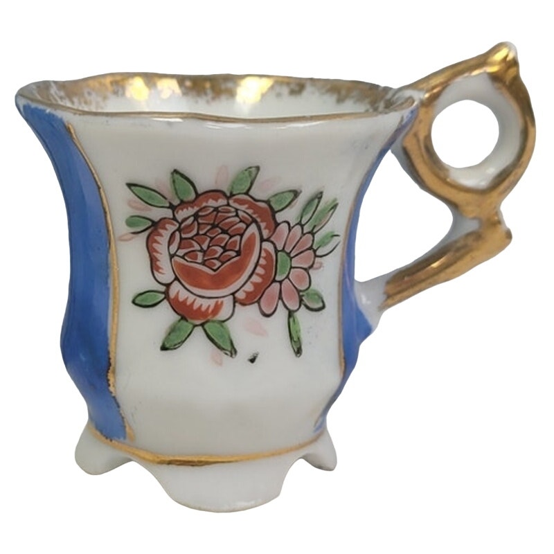 Vintage Victoria Ceramics Japan Blue Stripe Gold Rim Floral Teacup Saucer Set