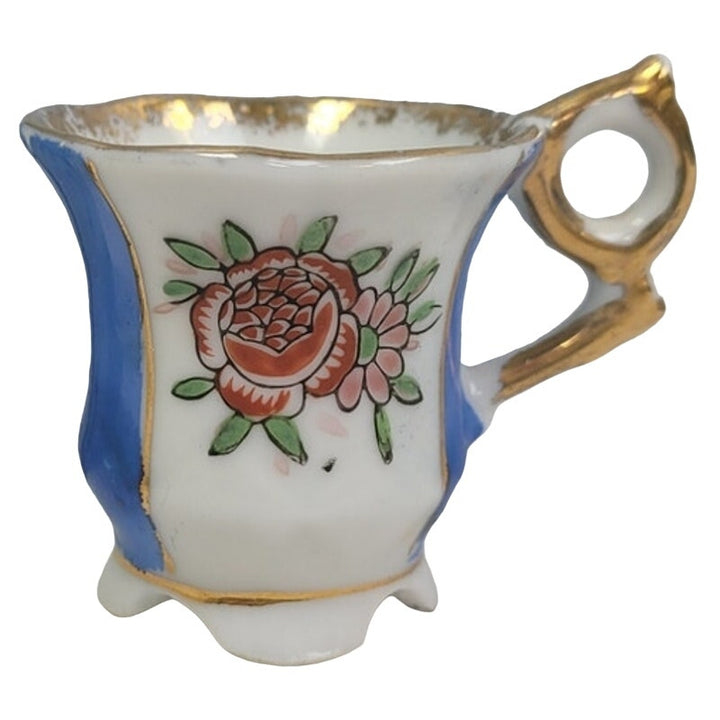 Vintage Victoria Ceramics Japan Blue Stripe Gold Rim Floral Teacup Saucer Set