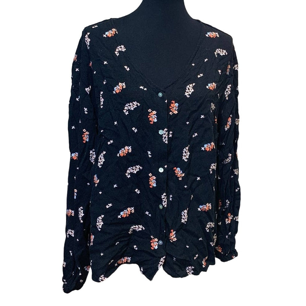 A New Day XL Deep V Neck Boho Button Down Long Sleeve Lightweight Floral Top