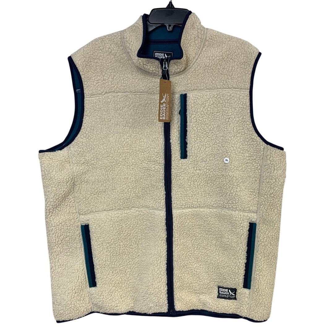 New Eddie Bauer Mens XL Cream Full Zip Polyester Sherpa Chilali Vest w Pockets