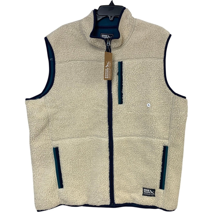 New Eddie Bauer Mens XL Cream Full Zip Polyester Sherpa Chilali Vest w Pockets