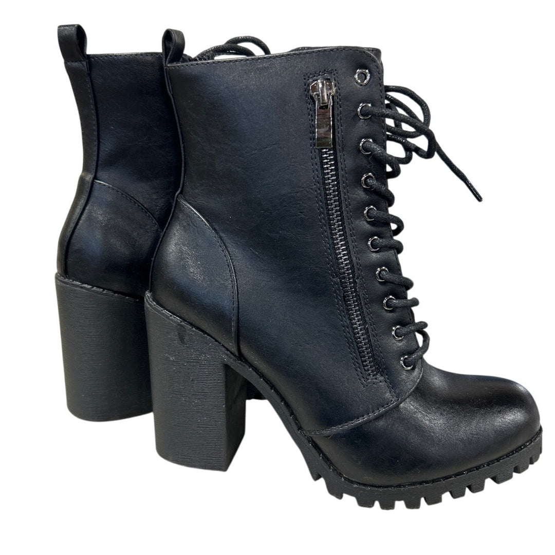 Dream Pairs Womens 7 Black Faux Leather Combat Chunky Heel Lace Up Ankle Boots