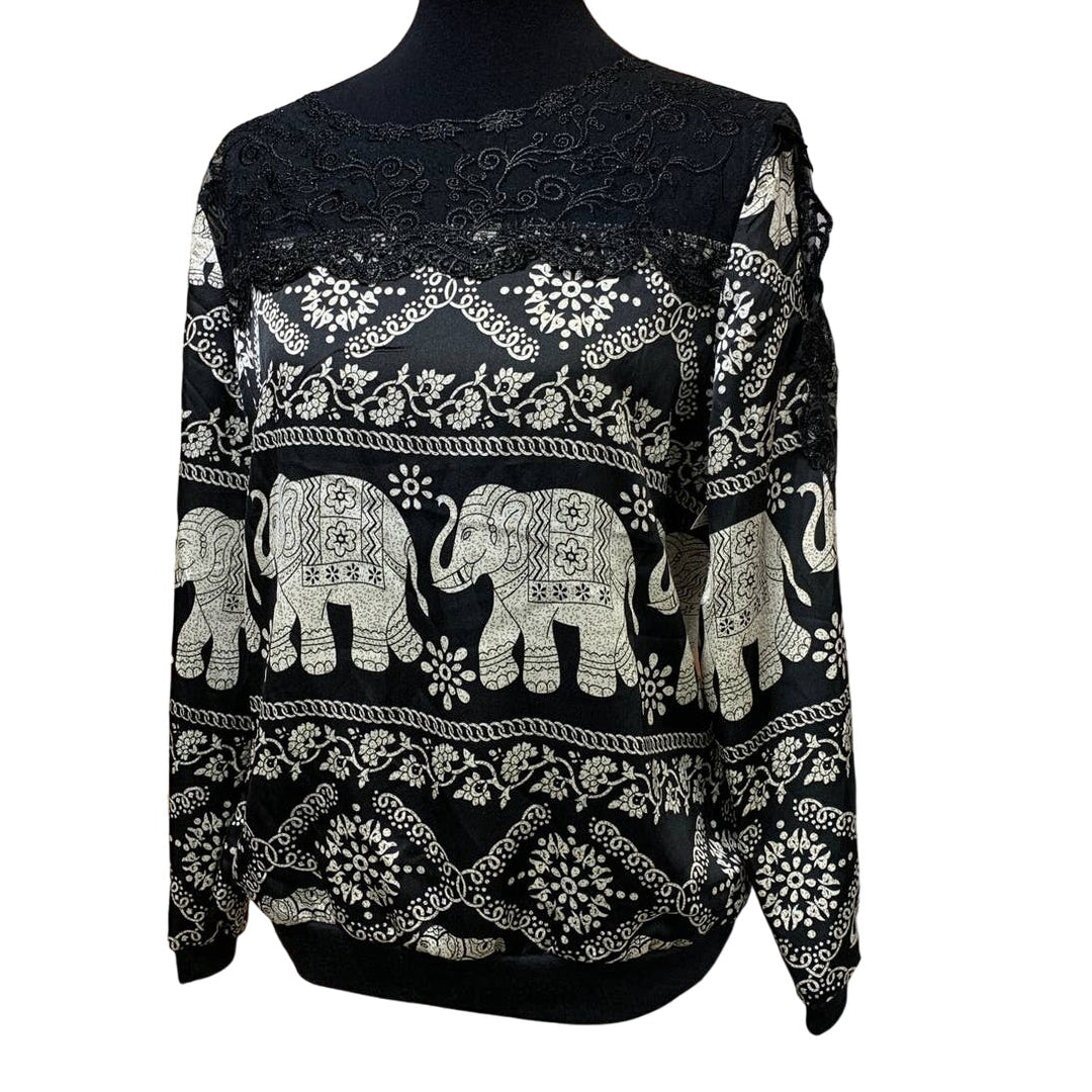 New Elephant Medium Black Lace Lightweight Long Sleeve Silky Long Sleeve Blouse