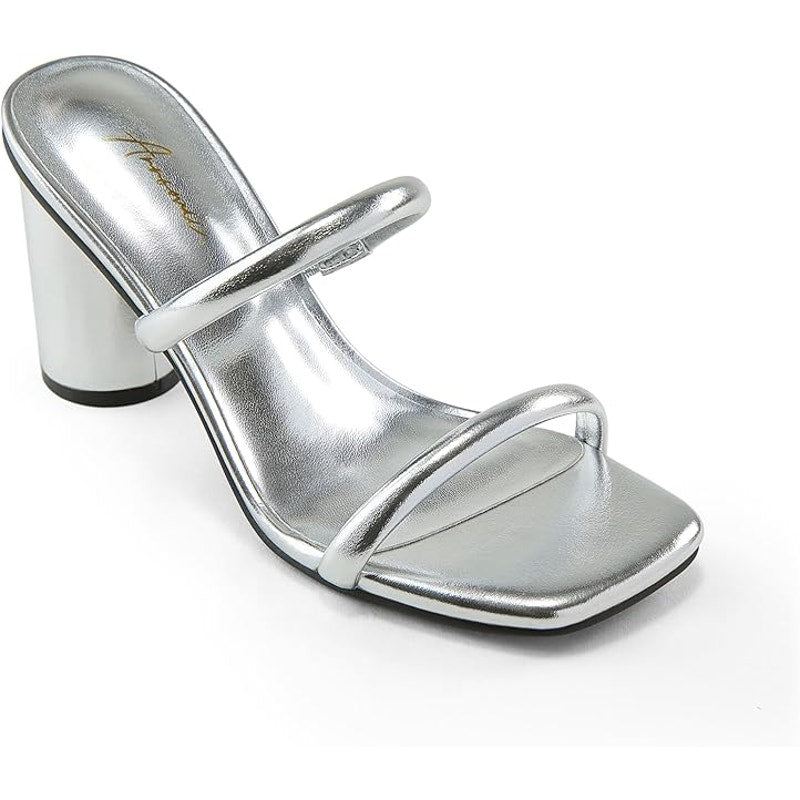 Arromic Womens Size 10 Silver 3.5" Chunky Heel Square Open Toe Slip On Shoes