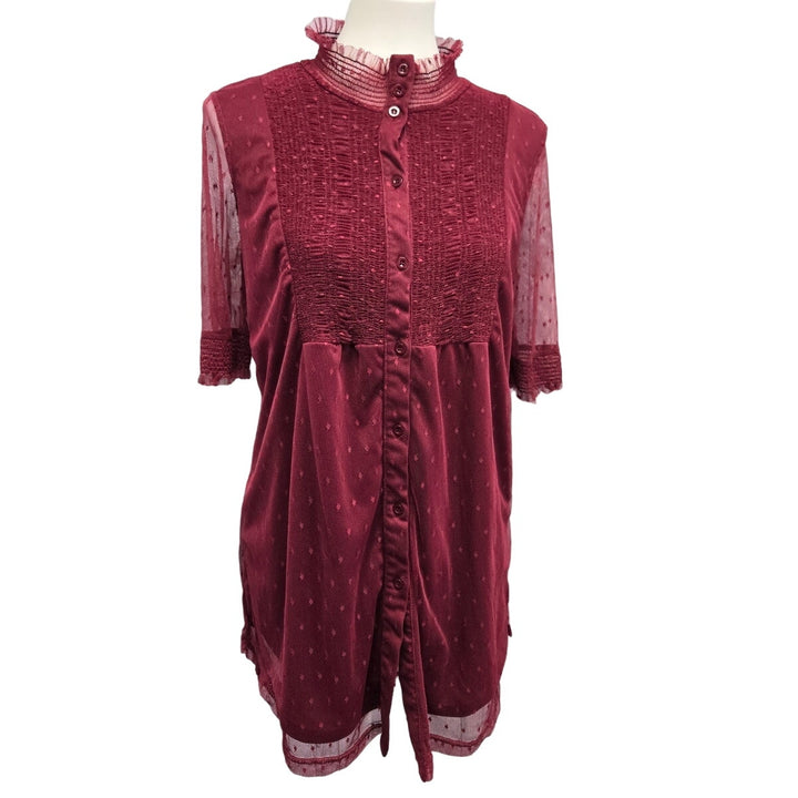 Suzanne Betro Womens Small Magenta Pink 1/2 Sleeve Lined Sheer Mini Shirt Dress