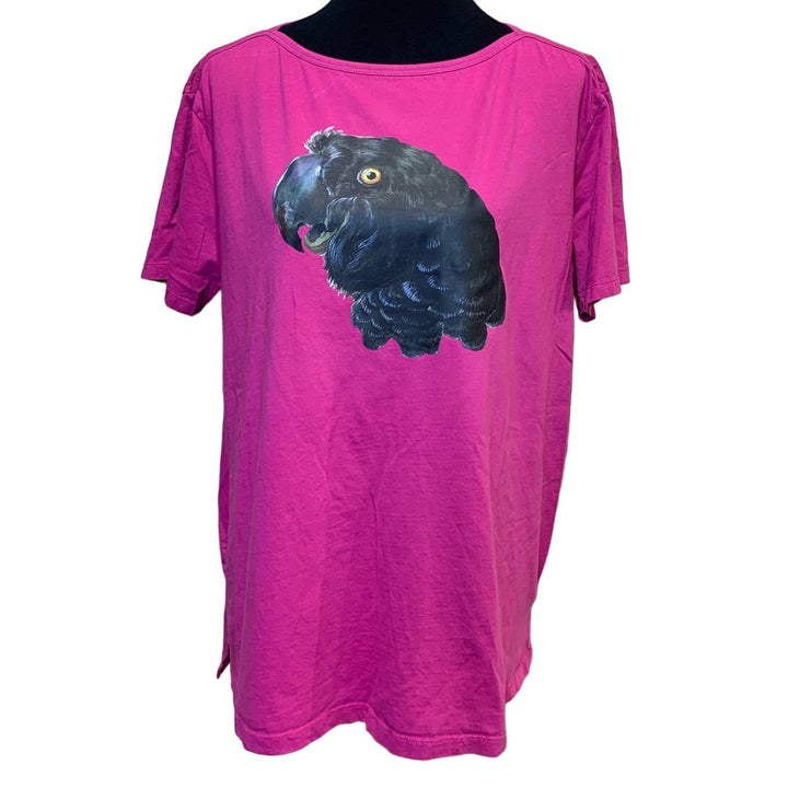 Upcycled Hand Printed Medium Black Parrot Ukraine Artist Peace Fundraiser Tee