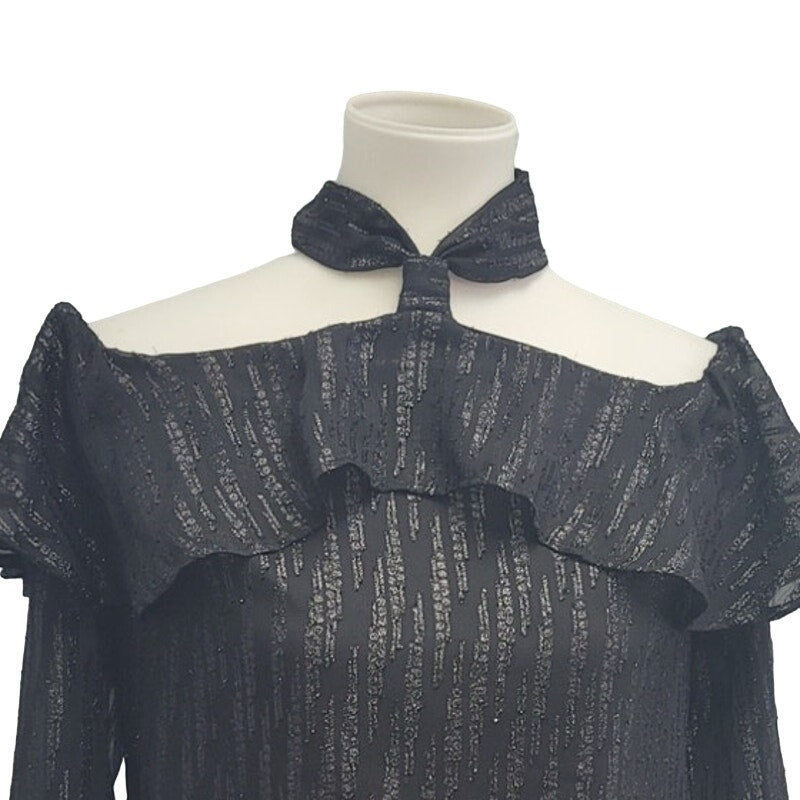 Beige by Eci Womens Small Black Polyester Long Sleeve Sheer Sparkle Lined Top