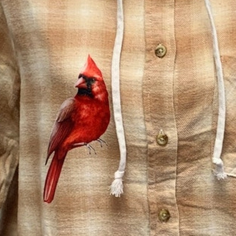 New Hand Printed Womens Large Red Cardinal Bird Plaid Flannel Long Sleeve Hoodie
