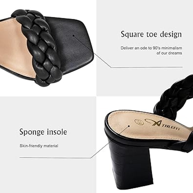 Athlefit Womens Size 8 Black Braided Open Toe Chunky 3" Heel Slip On Sandals