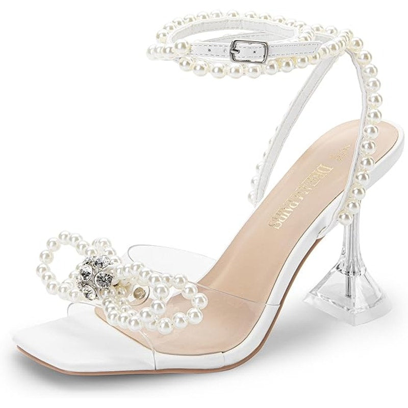 Dream Pairs Womens Size 8 White Pearl Open Toe Clear Strap 4" Heel Pump Shoes