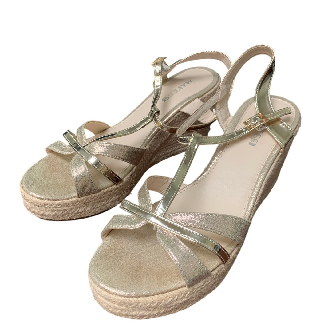 Makegsi Womens Size 10 Shiny Gold 4" Espadrille Wedge Heel Open Toe Sandal Shoes