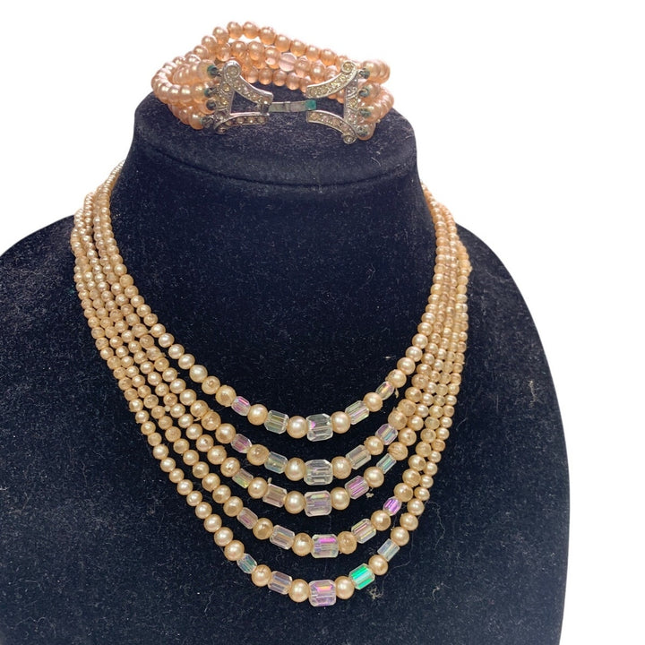 Vintage Faux Pearl 5-Strand Necklace &amp; Bracelet Set, Art Deco Style