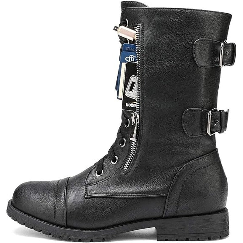 Dream Pairs Womens Size 7 Black Faux Leather Lace Up Mid Calf Combat Boots