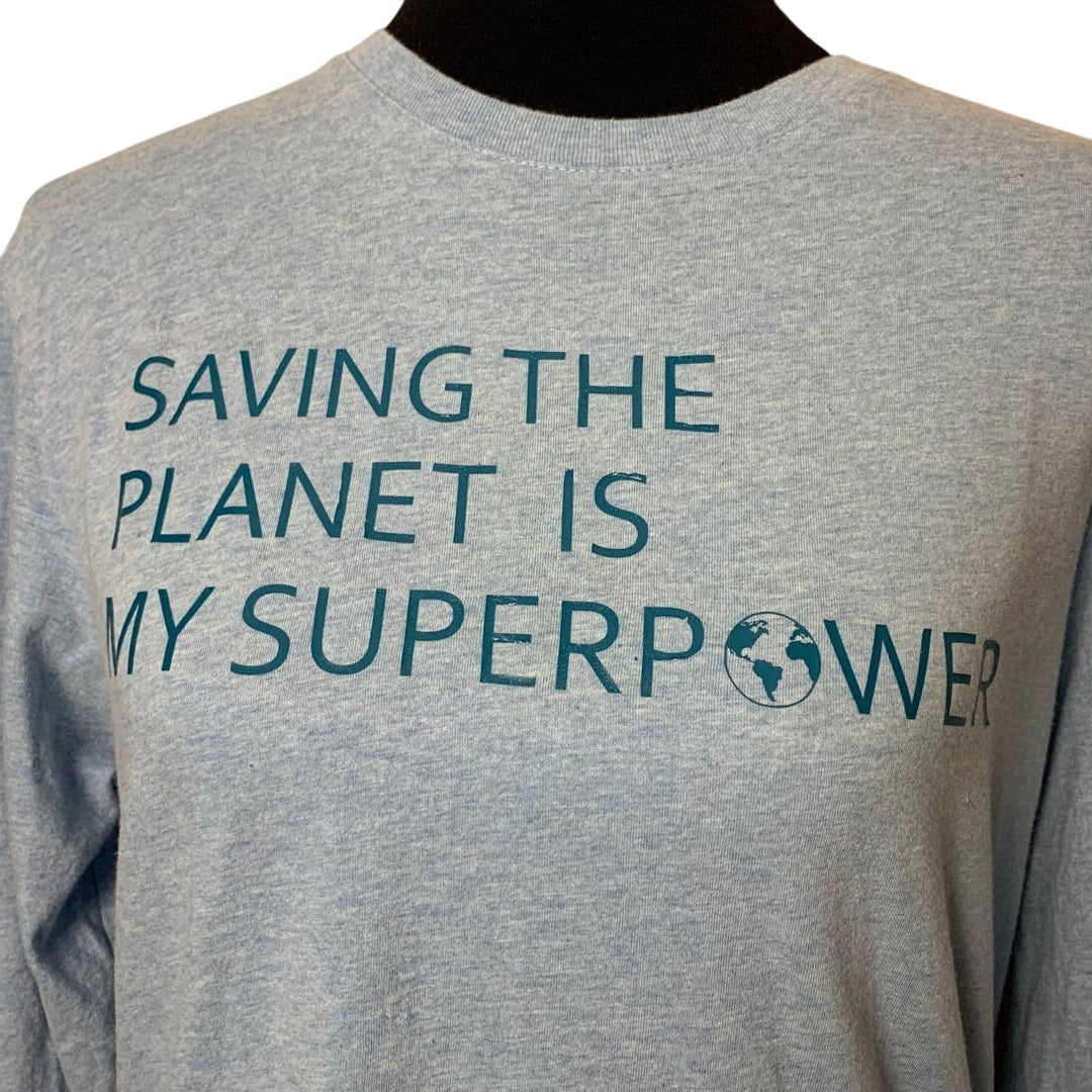 Hand Printed Upcycled Mens Medium Saving the Planet is My Superpower Cotton Tee