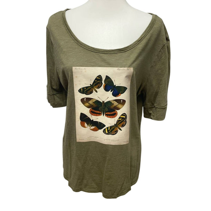 Hand Printed Upcycled Large Vintage Reference Book Butterfly Page Scoop Neck Tee