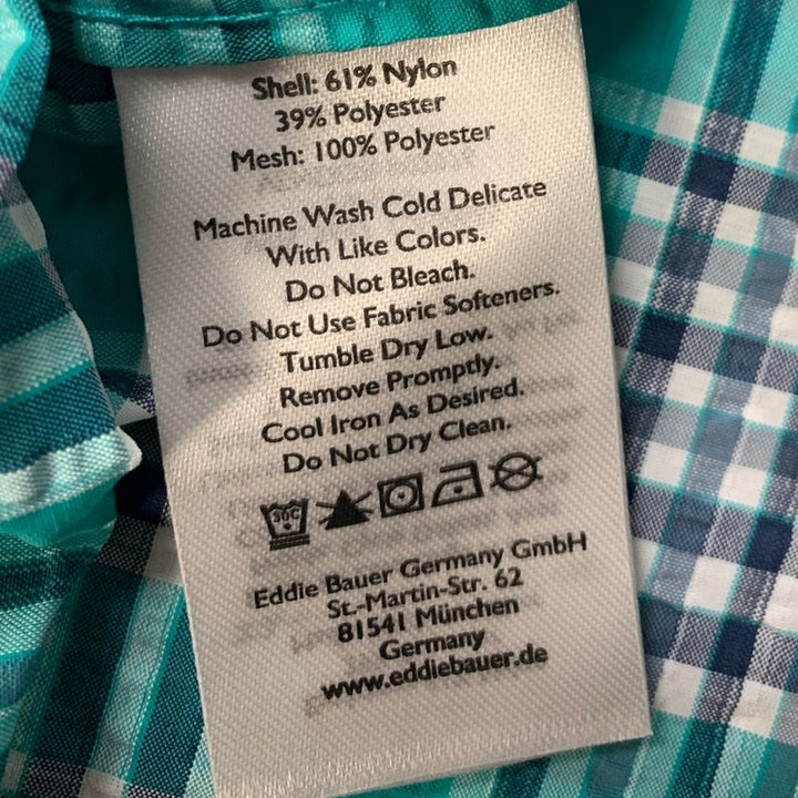 New Eddie Bauer Mens 2XL Aqua Blue Plaid Classic Long Sleeve Pack It Tech Shirt