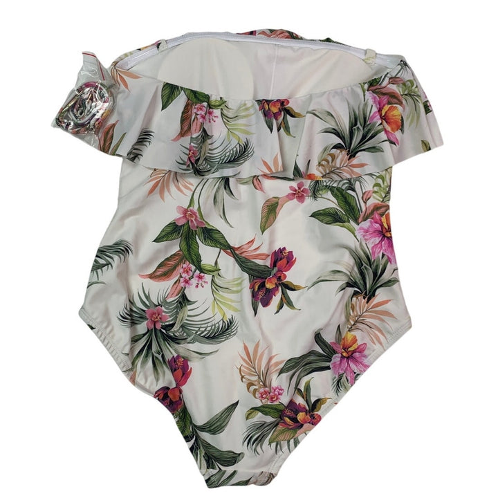 New Kona Sol Womens Medium Ruffled Floral Strapless One Piece Swim Suit