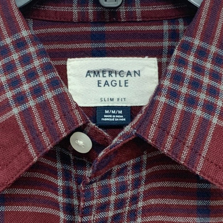 2 New American Eagle Mens Medium Slim Fit Plaid Long Sleeve Button Up Shirts