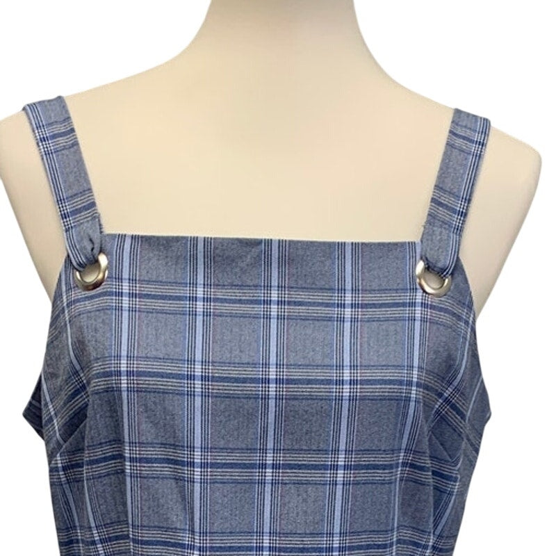 BeBop Womens Large Bib Front Blue Pink Plaid Chinched Waist Sheath Dress