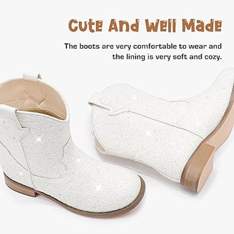 Motasha Toddler Girl 10 White Iridescent Shiny Pull On Western Cowgirl Boots