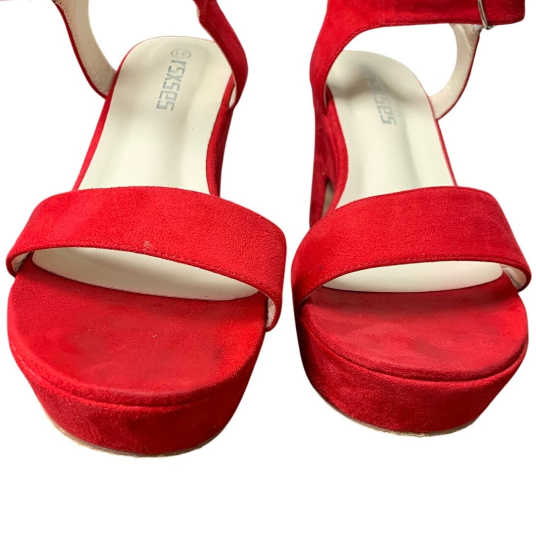 Rsxses Womens Size 10 Red Faux Suede 4" Platform Heel Open Toe Ankle Strap Shoes