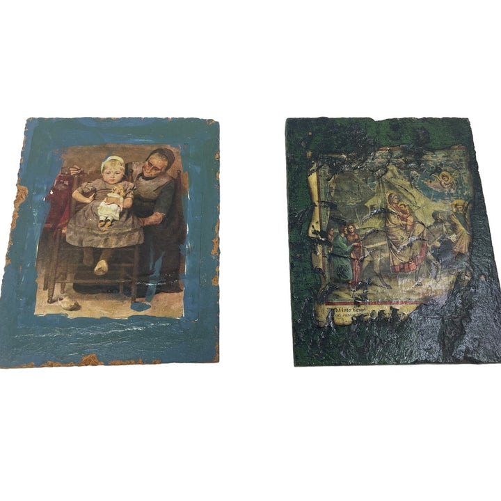 Pair of Vintage 1960s Handmade Religious Grandma Girl Decoupage Wood Art