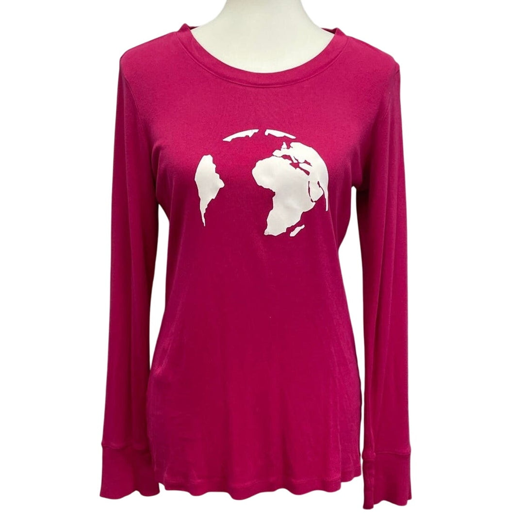 Hand Printed Upcycled Womens Large Planet Earth Long Sleeve Crew Tee Shirt