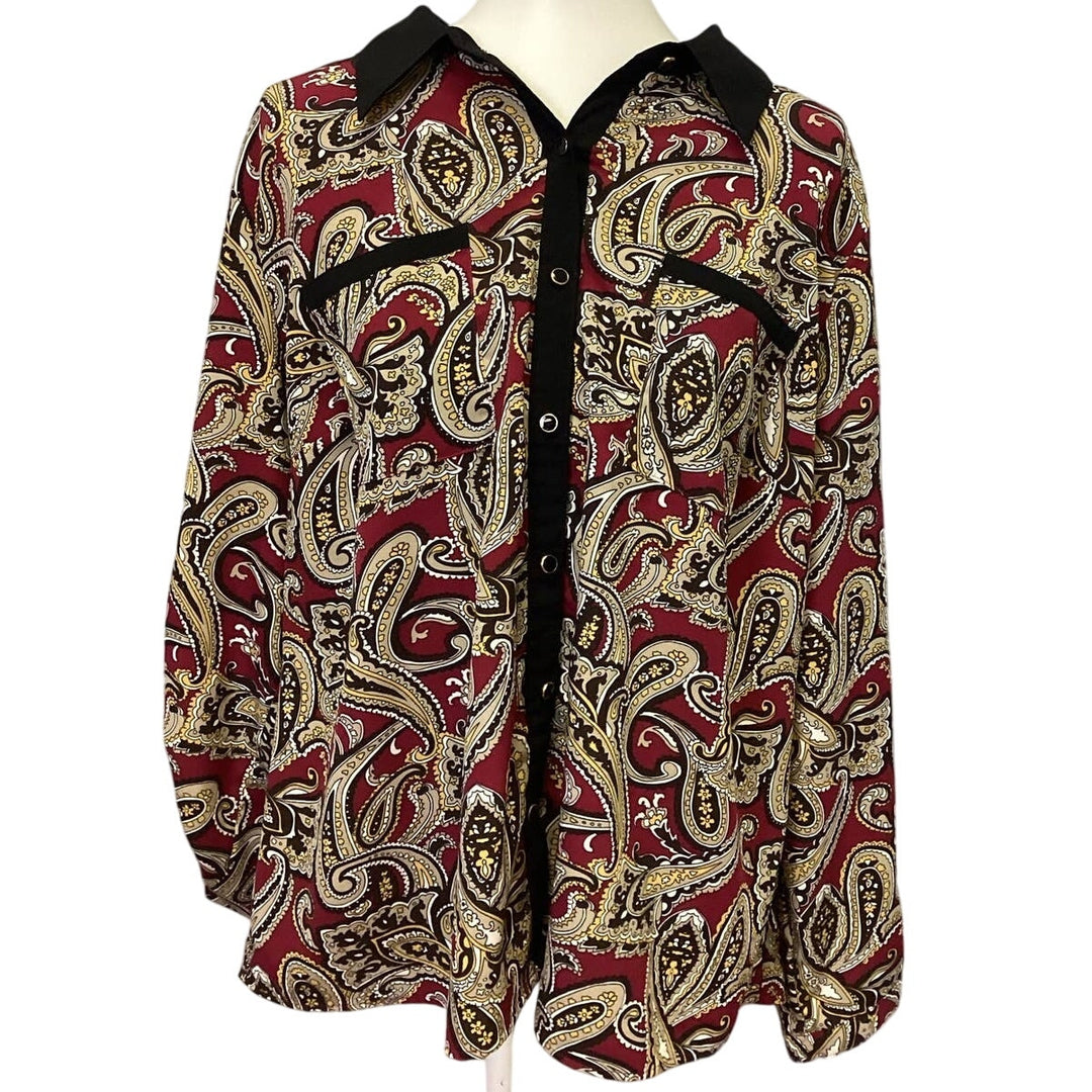 Elementz Woman 2X Long Sleeve Polyester Blend Paisley Button Down Blouse Top