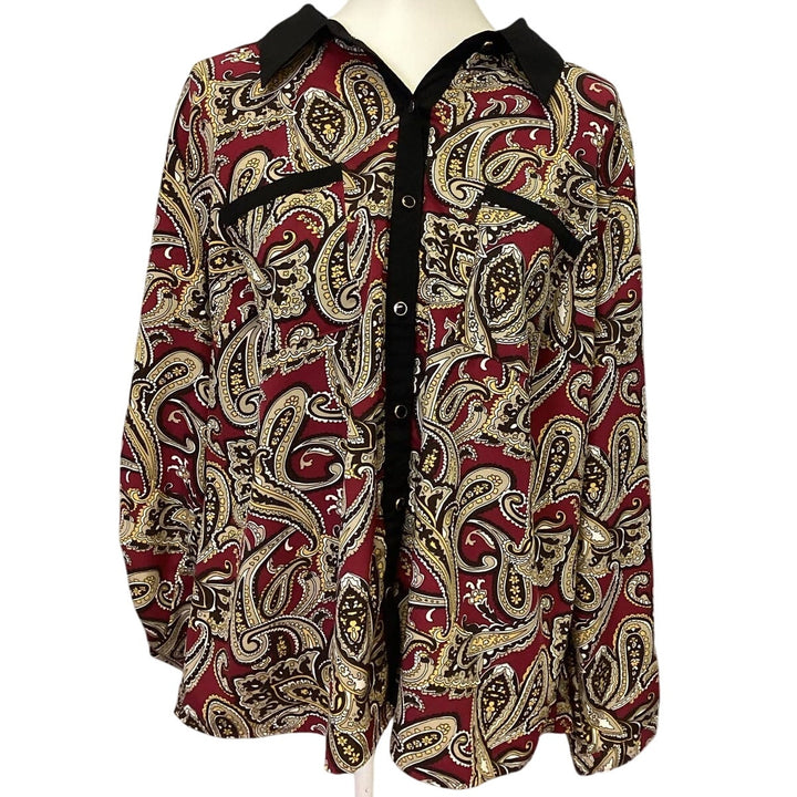 Elementz Woman 2X Long Sleeve Polyester Blend Paisley Button Down Blouse Top
