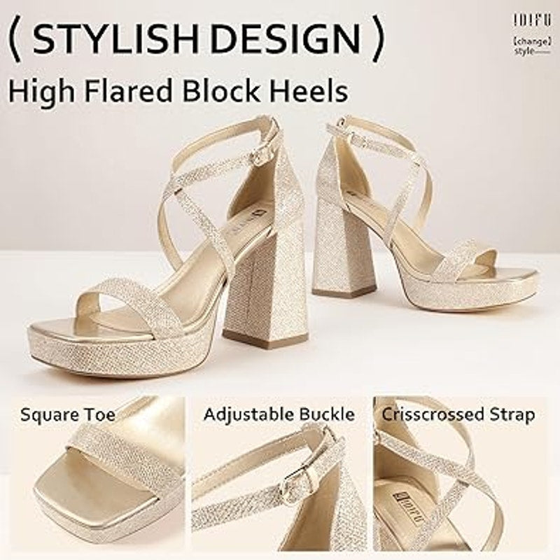 Idifu Womens 7.5 Silver Gillter Open Toe 4" Block Heel Ankle Strap Sandal Shoes