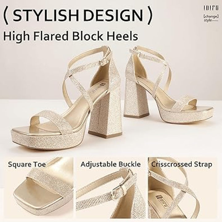 Idifu Womens 7.5 Silver Gillter Open Toe 4" Block Heel Ankle Strap Sandal Shoes