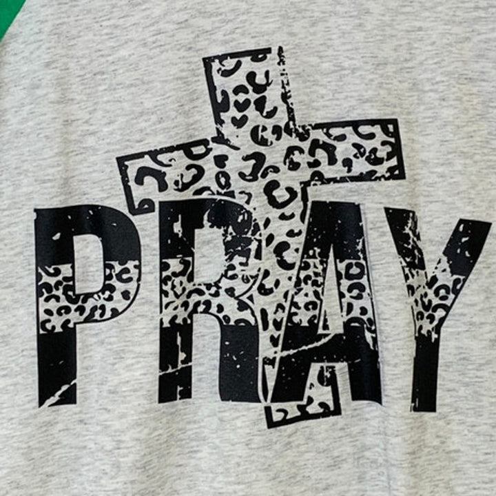 New Hand Printed Womens Medium Cheetah Cross Pray Long Sleeve Raglan Tee Shirt