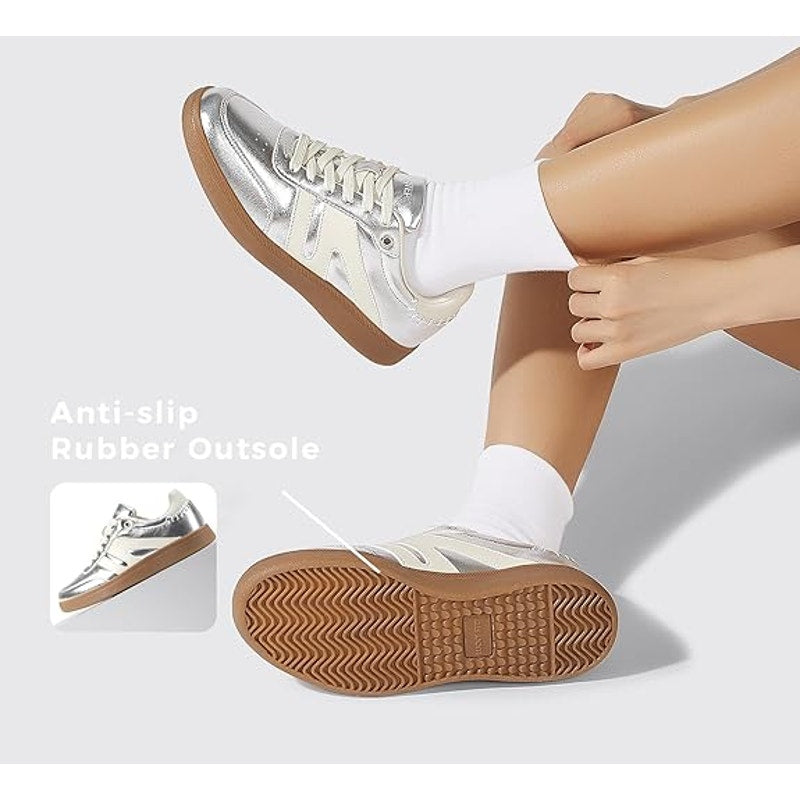 New Lucky Step Womens 8 Silver Lace Up Classic Retro Gum Sole Fashion Sneakers