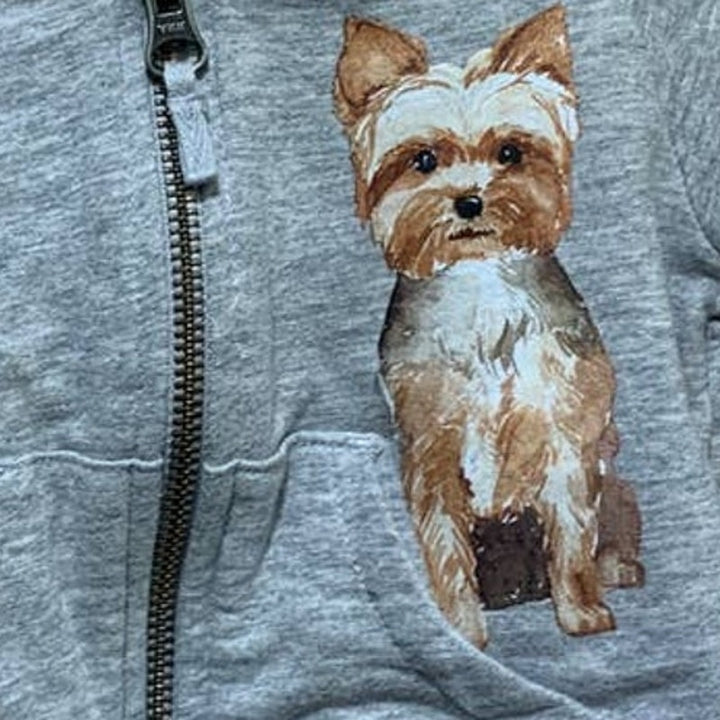 Hand Printed Upcycled Baby Size 3 Mos Yorkshire Terrier Yorkie Dog Zip Jacket