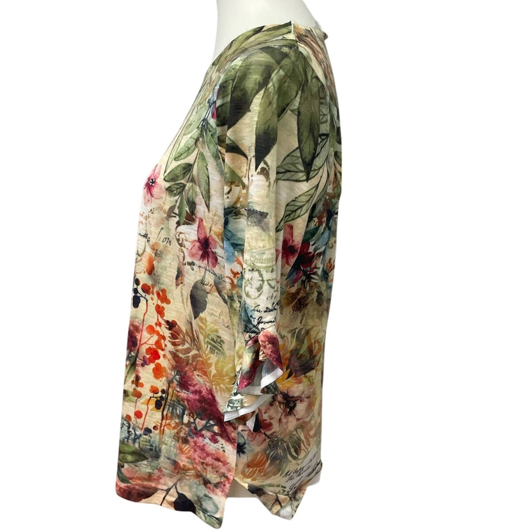 Time &amp; Tru Womens Small 3/4 Ruffled Sleeve Floral Silver Bead Forest Top Blouse