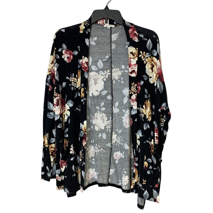 Maurices Womens Size 1 Black Pink Floral Long Sleeve Open Front Cardigan