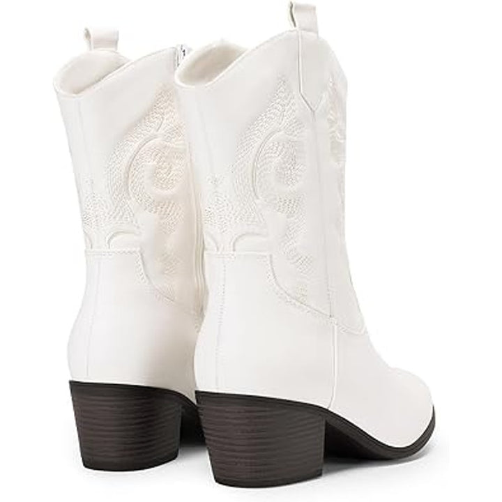 Dream Pairs Womens 8 White Faux Leather Mid Calf Cowgirl 2.5" Heel Boot Shoes