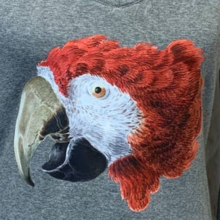 Upcycled Hand Printed Womens Medium Red Macaw Parrot Ukraine Fundraiser Bird Tee