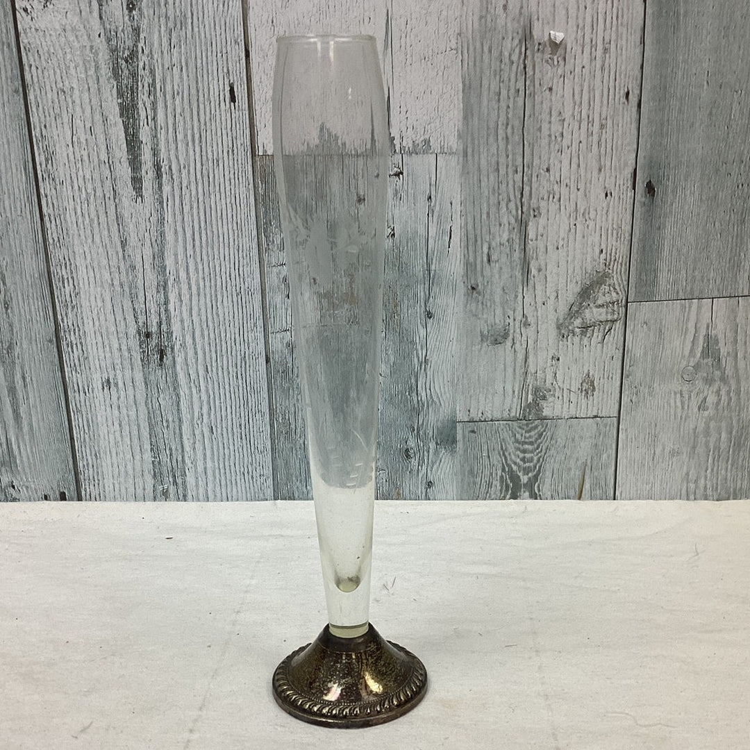 Vintage Duchin Sterling Silver Single Floral Etched Glass Bud Flower Vase